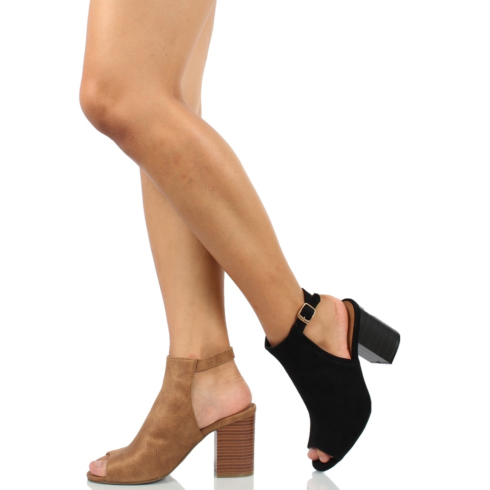 Black Peep Toe Slingback Block Stacked Heel - Picture 5 of 6